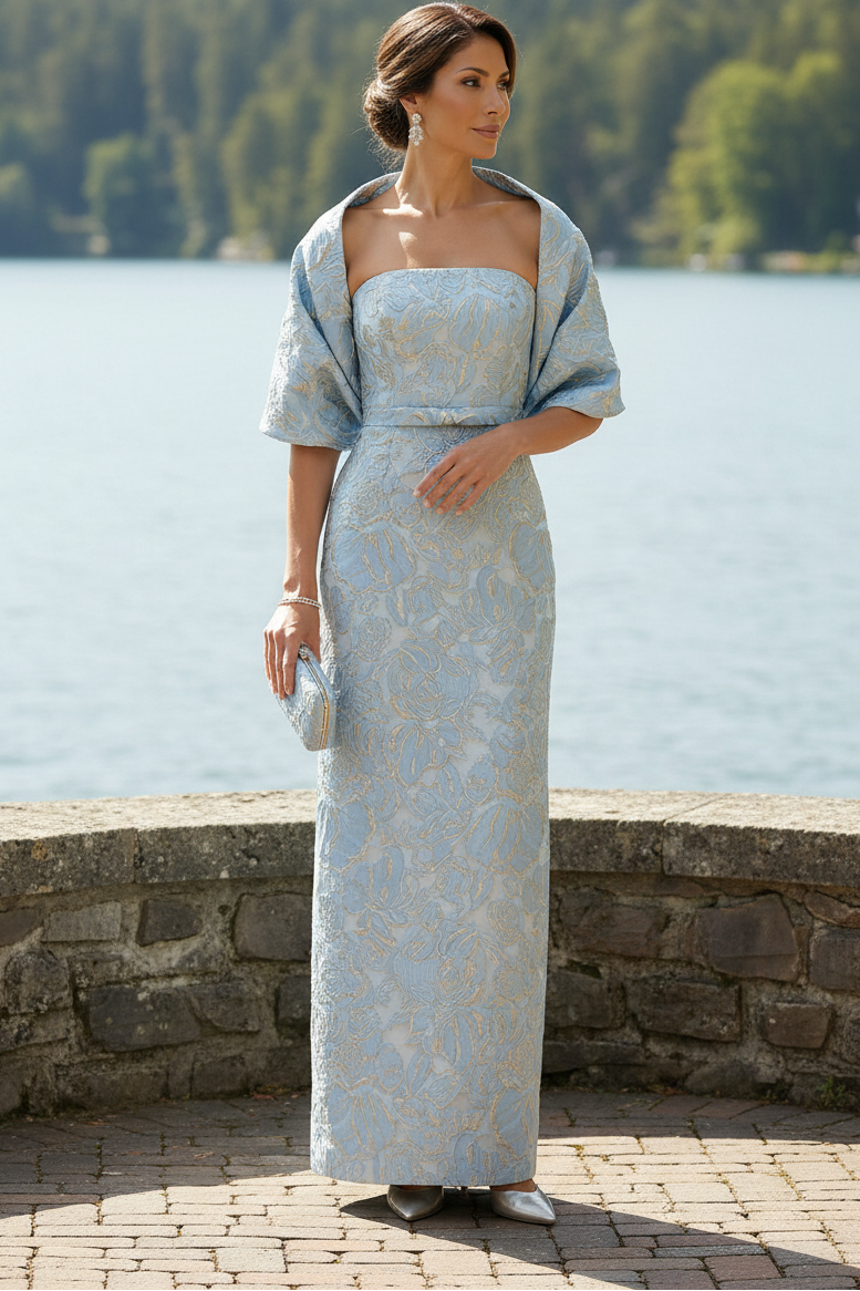 Strapless Jacquard Column Gown with Matching Shawl