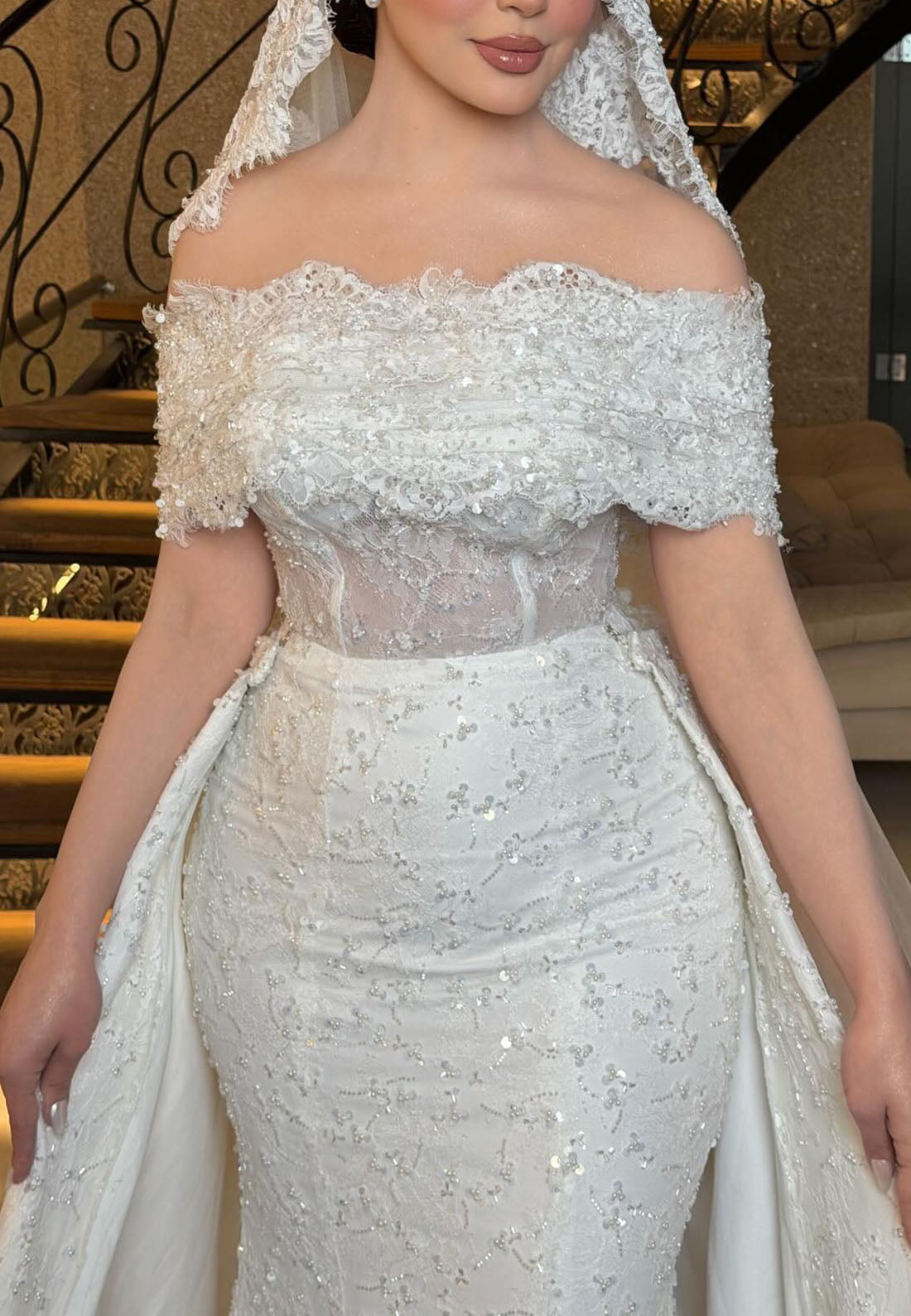 Off-the-Shoulder Beaded Mermaid Wedding Dress