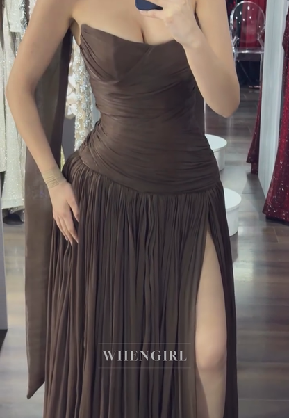 Strapless Ruched Maxi Dress with Neck Scarf and Slit