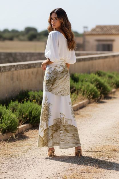 One-Shoulder Maxi Dress with Scenic Print and Waist Tie