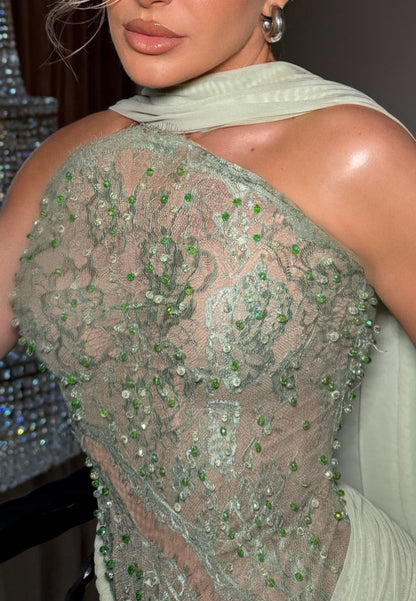 Embellished Lace Bodice Gown with Draped Cape