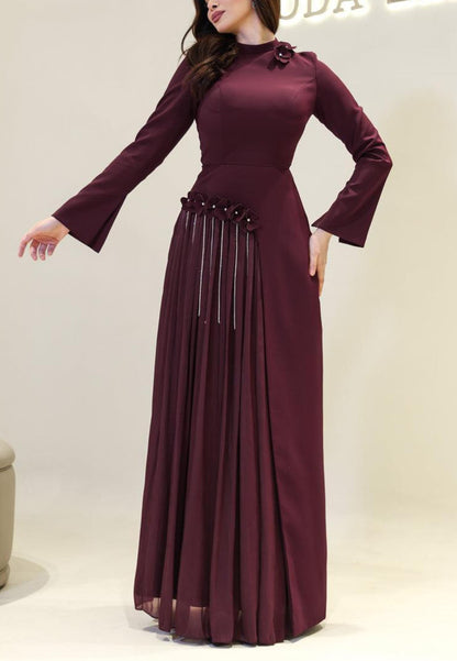 High Neck Maxi Dress with Pleated Inset & 3D Flowers