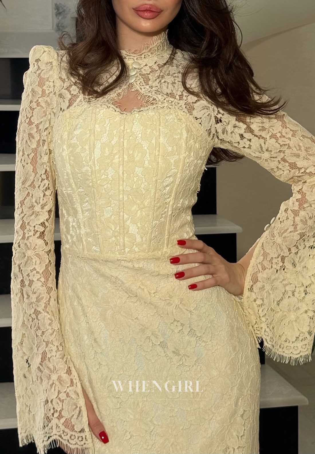 High Neck Bell Sleeve Lace Corset Formal Gown