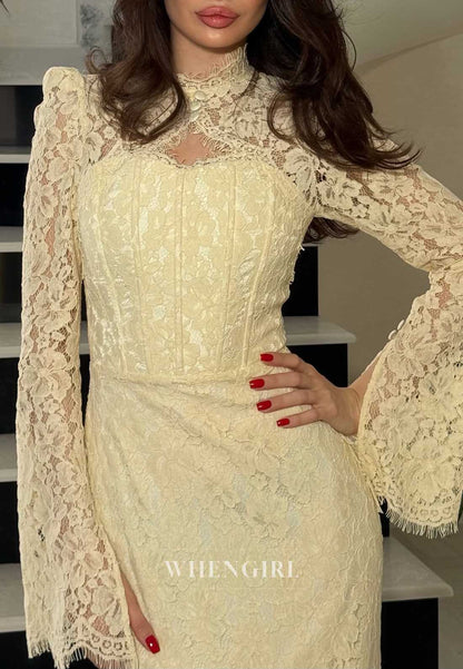 High Neck Bell Sleeve Lace Corset Formal Gown