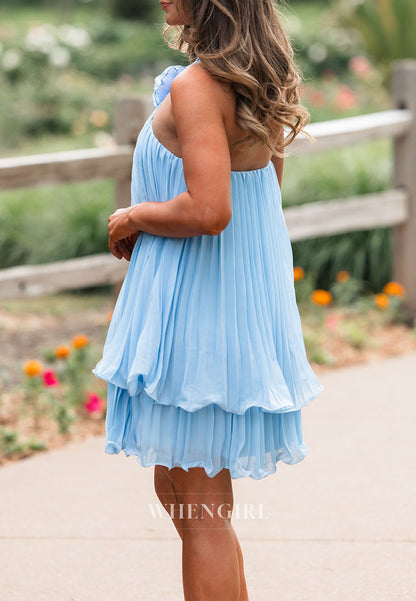 Pleated Halter Mini Dress with 3D Flower Neckline