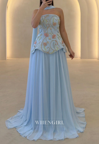 Embroidered Strapless Peplum Gown with Shawl