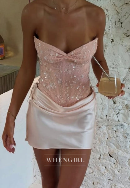 Strapless Corset Mini Dress with Draped Satin Skirt