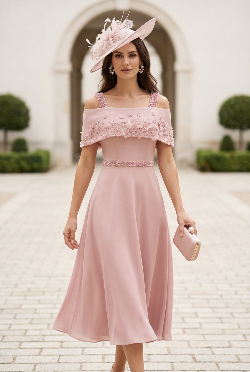 Cold-Shoulder Dress with 3D Floral Cape