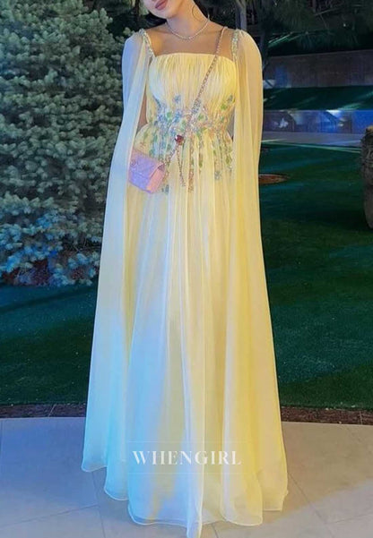 Embroidered Square Neck Cape Chiffon Formal Gown