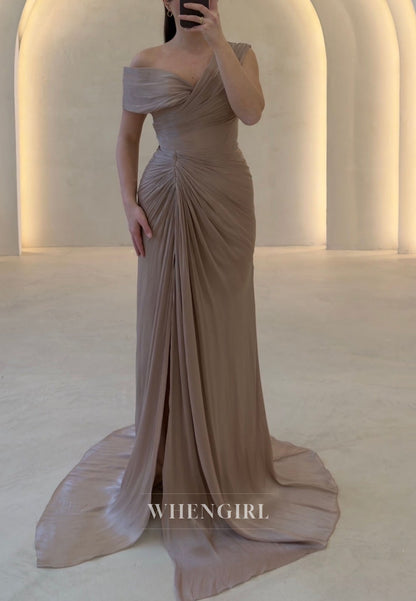 Off-the-Shoulder Ruched Evening Gown with High Slit