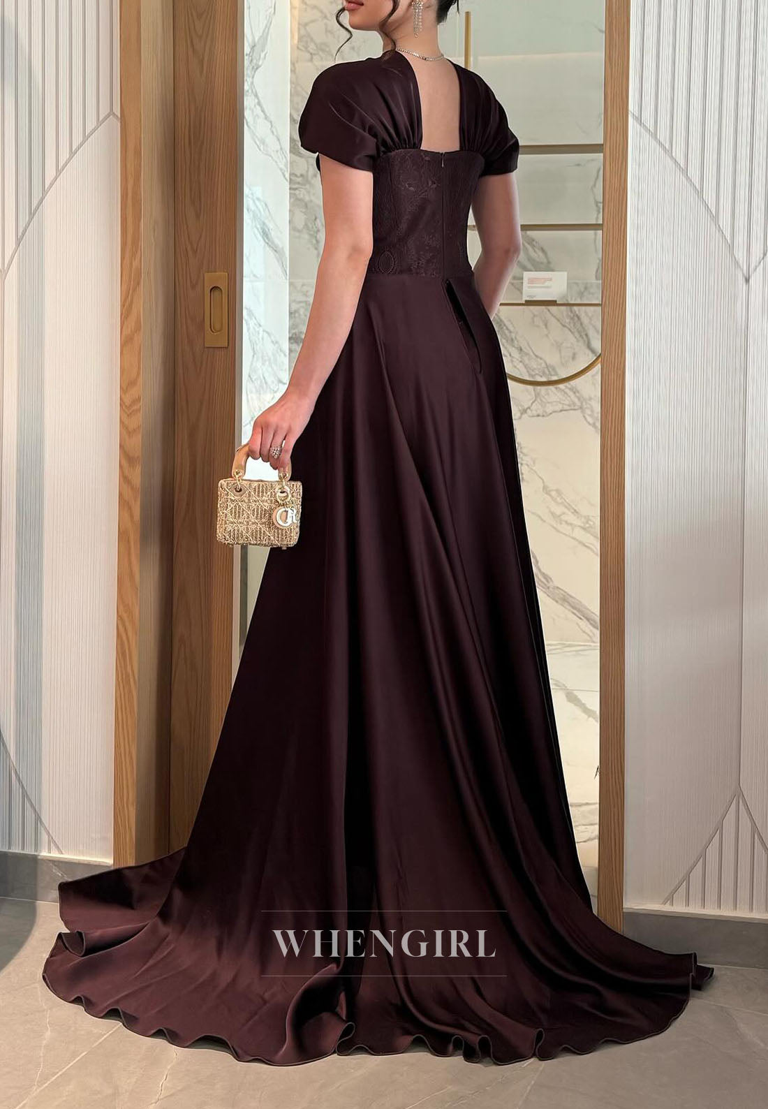 Gathered Shawl Collar Evening Gown with Train