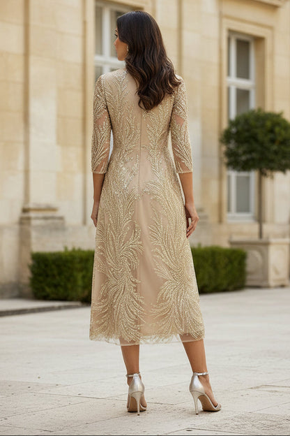 Sequin Embroidered 3/4 Sleeve Midi A-Line Dress