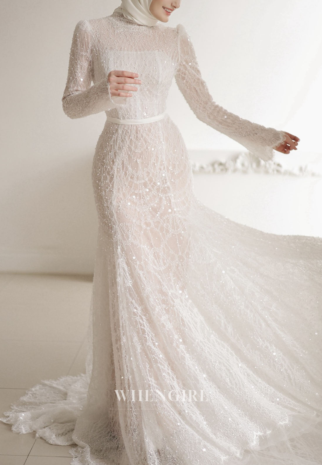 High Neck Sequin Lace Wedding Dress with Sleeves