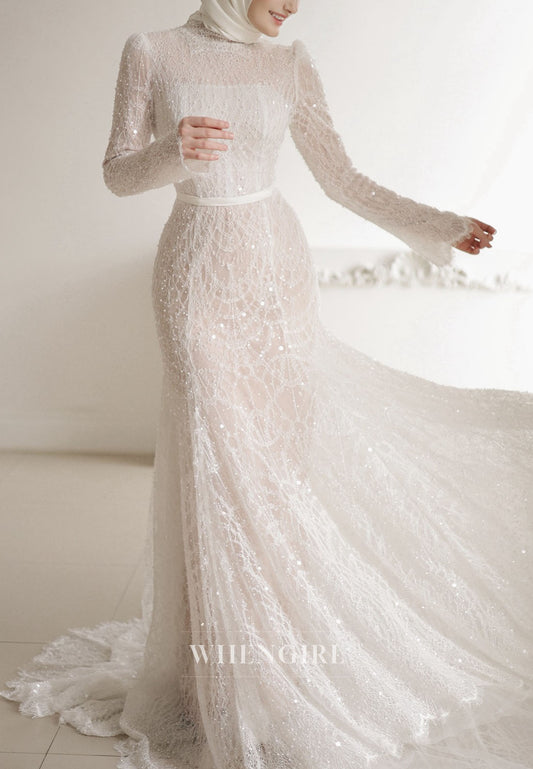 High Neck Sequin Lace Wedding Dress with Sleeves