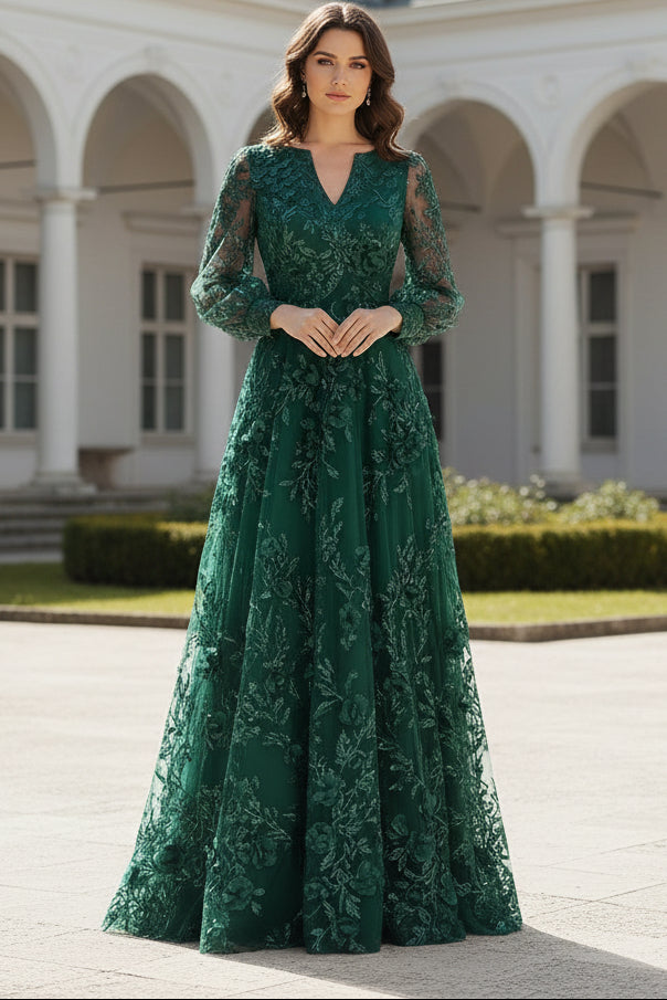 A-Line Floral Sequin Gown with Bishop Sleeves
