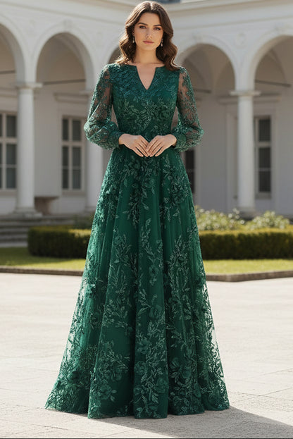 A-Line Floral Sequin Gown with Bishop Sleeves