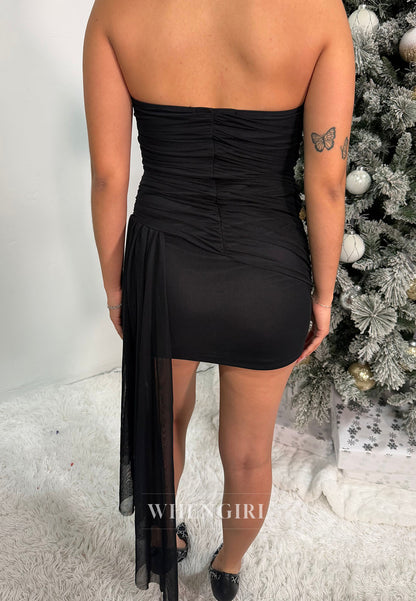 Strapless Ruched Mesh Mini Dress with Asymmetrical Train