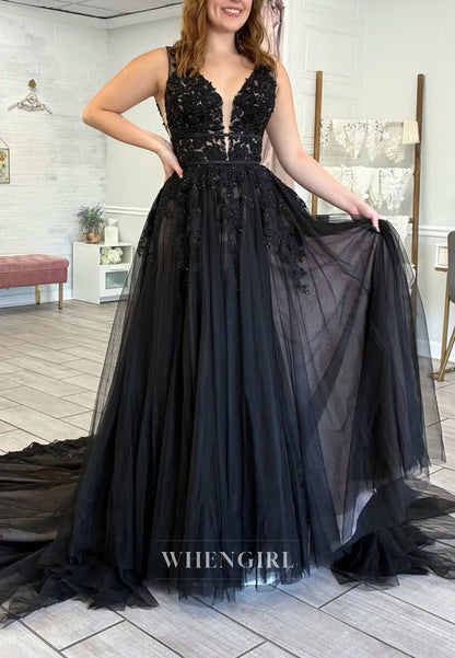 Beaded Lace Applique Tulle Gown with Train