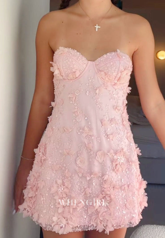 3D Floral Applique Sweetheart Mini Dress with Pearl Beading