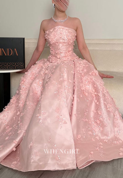 Strapless 3D Floral Applique Ball Gown
