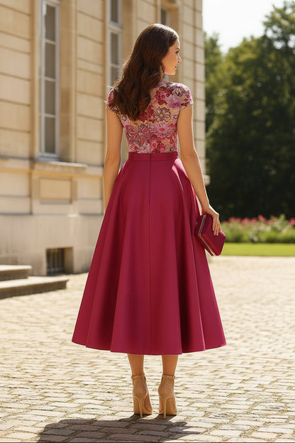 Floral Bodice Cap Sleeve Tea-Length Party Dress
