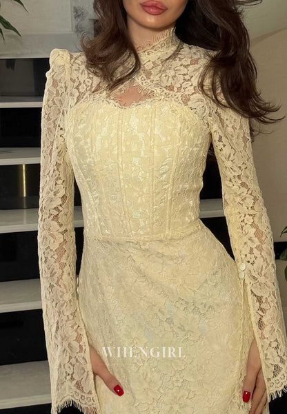 High Neck Bell Sleeve Lace Corset Formal Gown