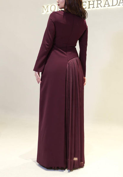 High Neck Maxi Dress with Pleated Inset & 3D Flowers