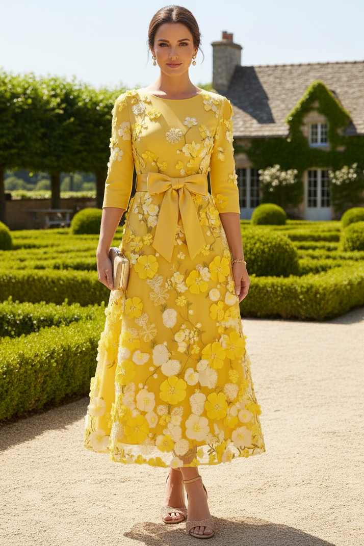 Elegant 3D Floral A-Line Tea-Length Dress
