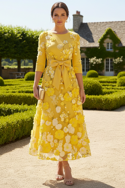 Elegant 3D Floral A-Line Tea-Length Dress