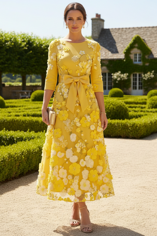 Elegant 3D Floral A-Line Tea-Length Dress
