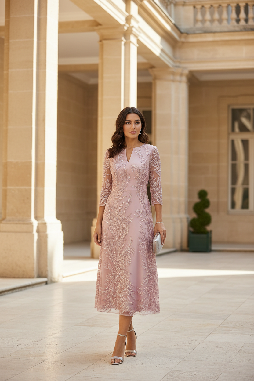 Sequin Embroidered 3/4 Sleeve Midi A-Line Dress
