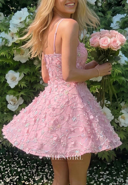 3D Floral Applique Spaghetti Strap Mini Dress