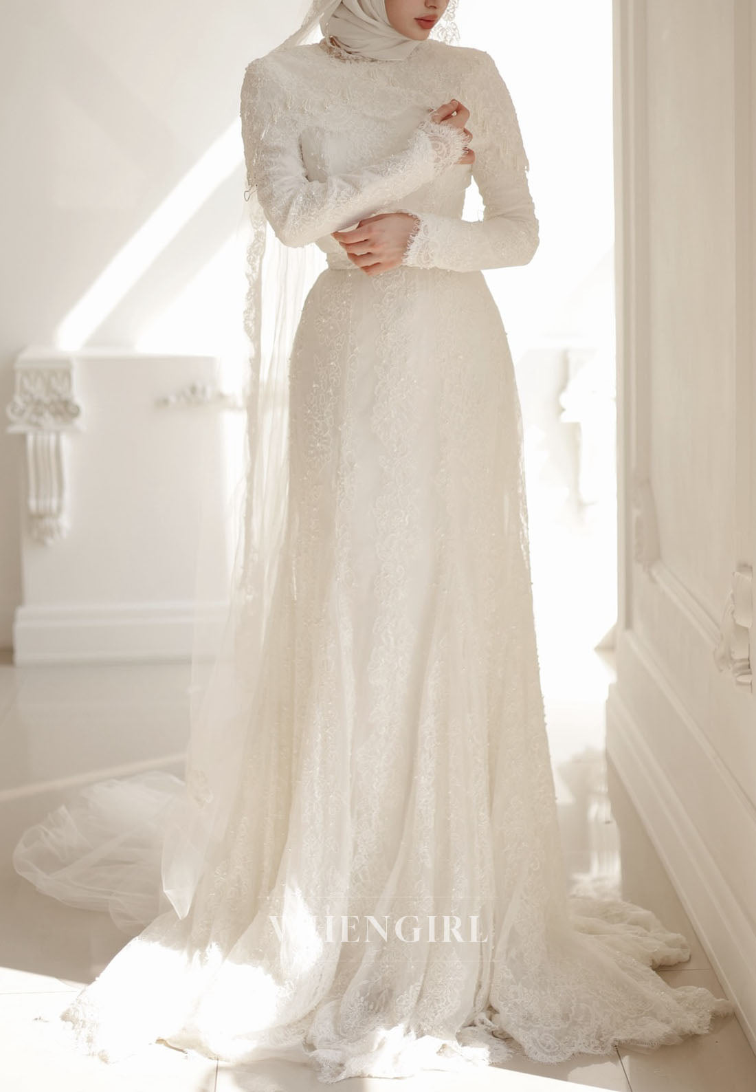 High Neck Lace Wedding Dress with Long Sleeves