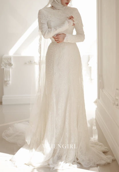 High Neck Lace Wedding Dress with Long Sleeves