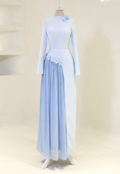 High Neck Maxi Dress with Pleated Inset & 3D Flowers