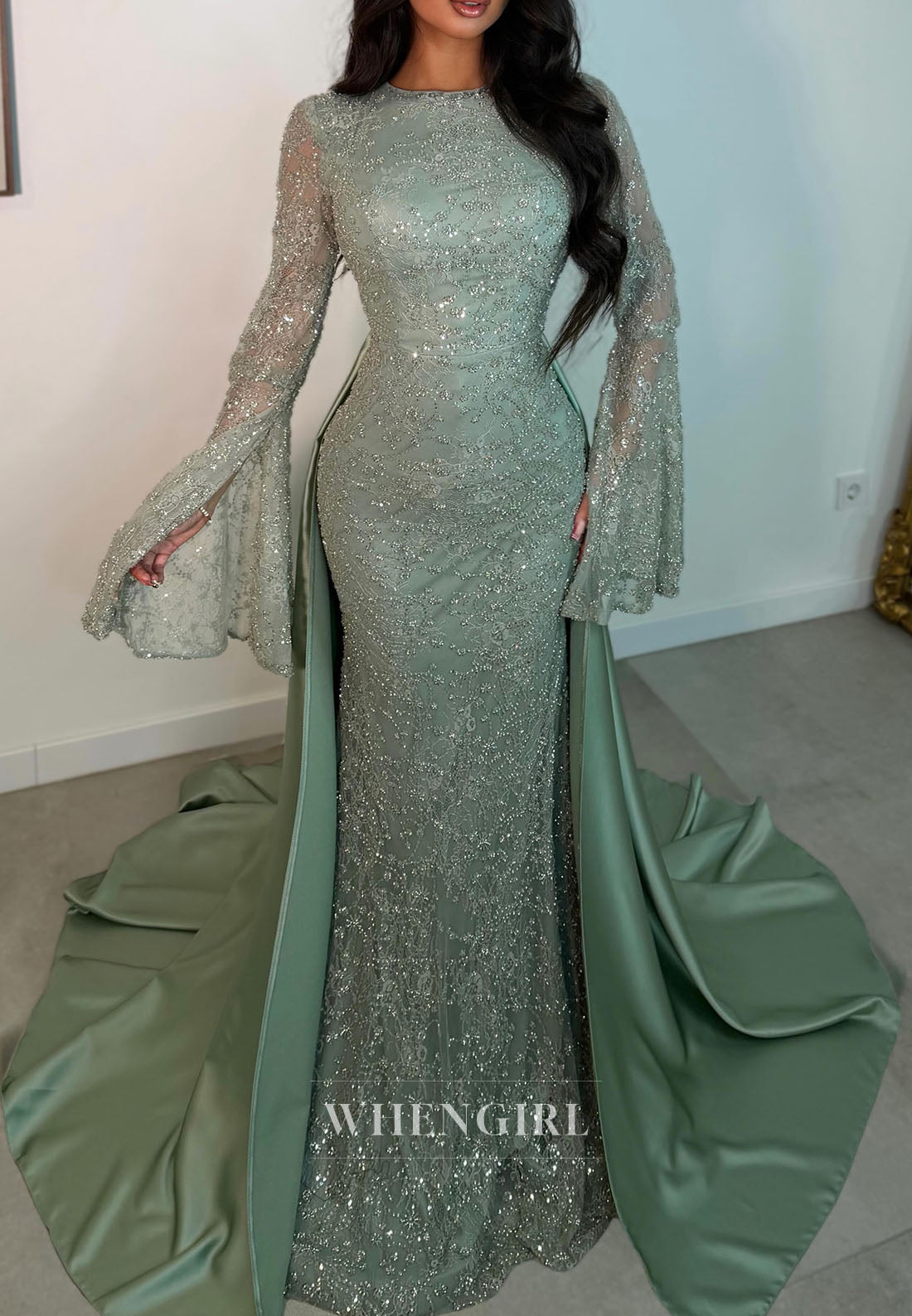 Bell Sleeve Beaded Lace Mermaid Gown with Train