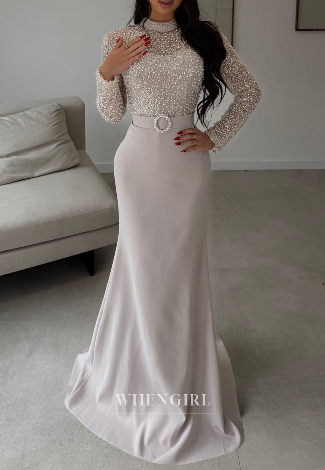 High Neck Pearl Embellished Long Sleeve Mermaid Gown