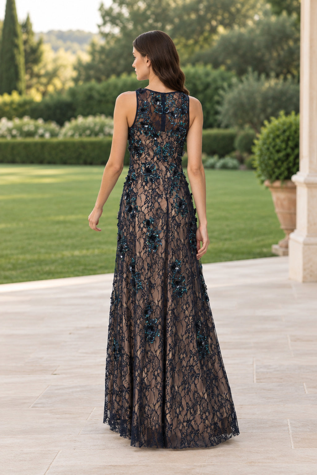 Sequin Floral Lace Sleeveless Evening Gown