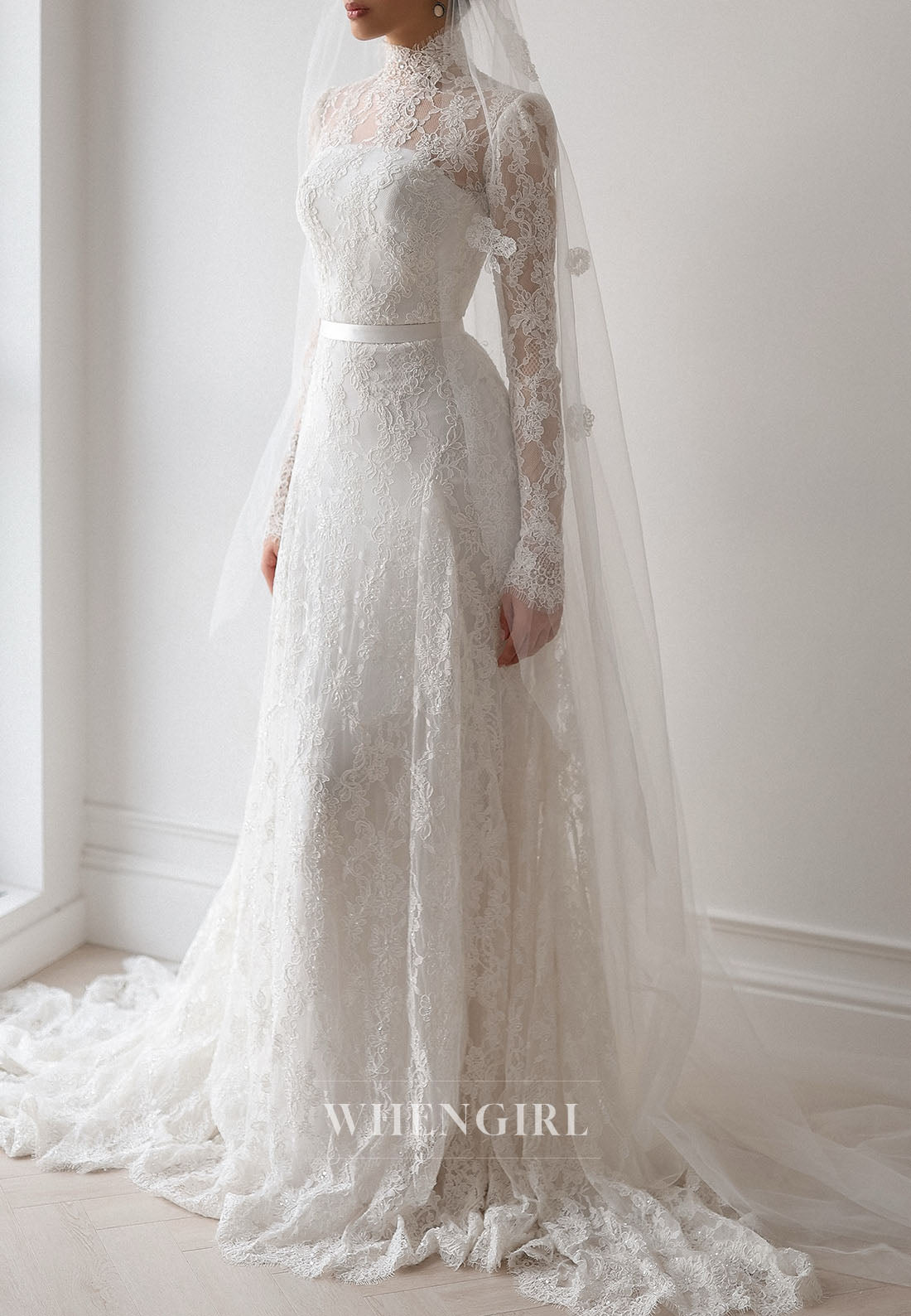 High Neck Long Sleeve Lace Column Wedding Dress