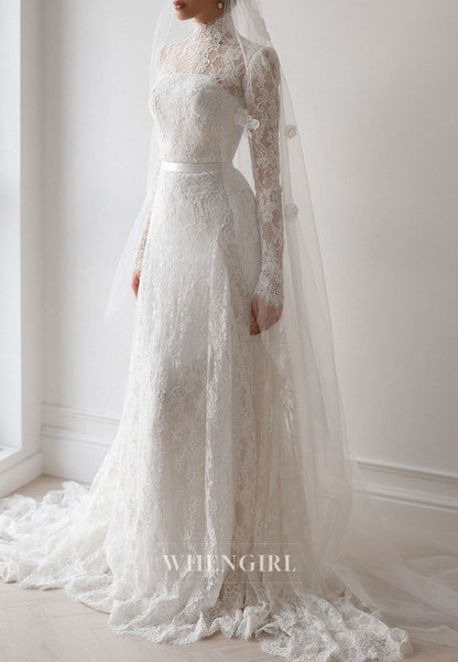 High Neck Long Sleeve Lace Column Wedding Dress