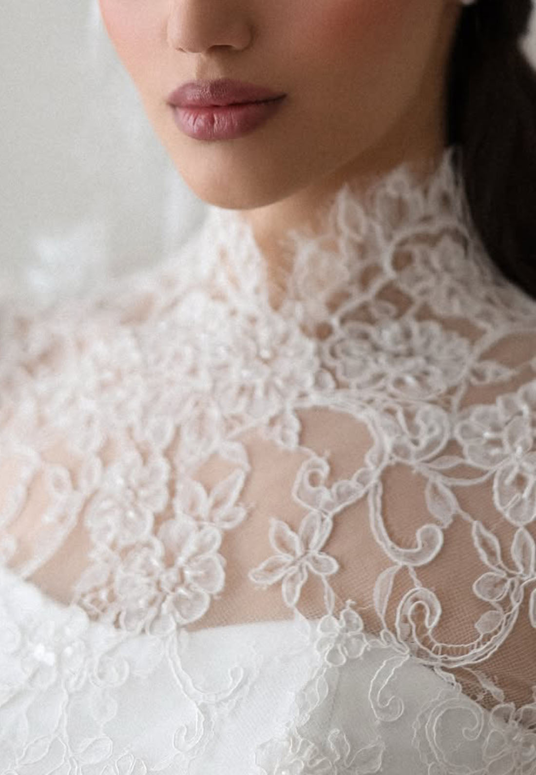 High-Neck Lace Long-Sleeve A-Line Wedding Dress
