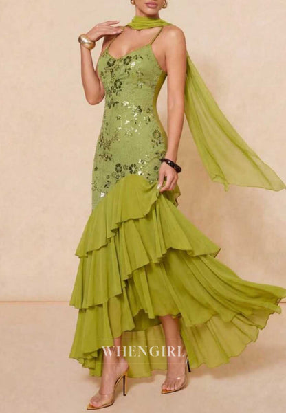 V-Neck Sequin Tiered Ruffle Mermaid Maxi Dress