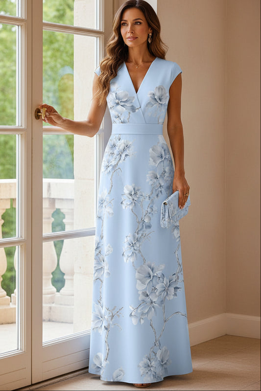 Cap Sleeve V-Neck Floral A-Line Maxi Dress