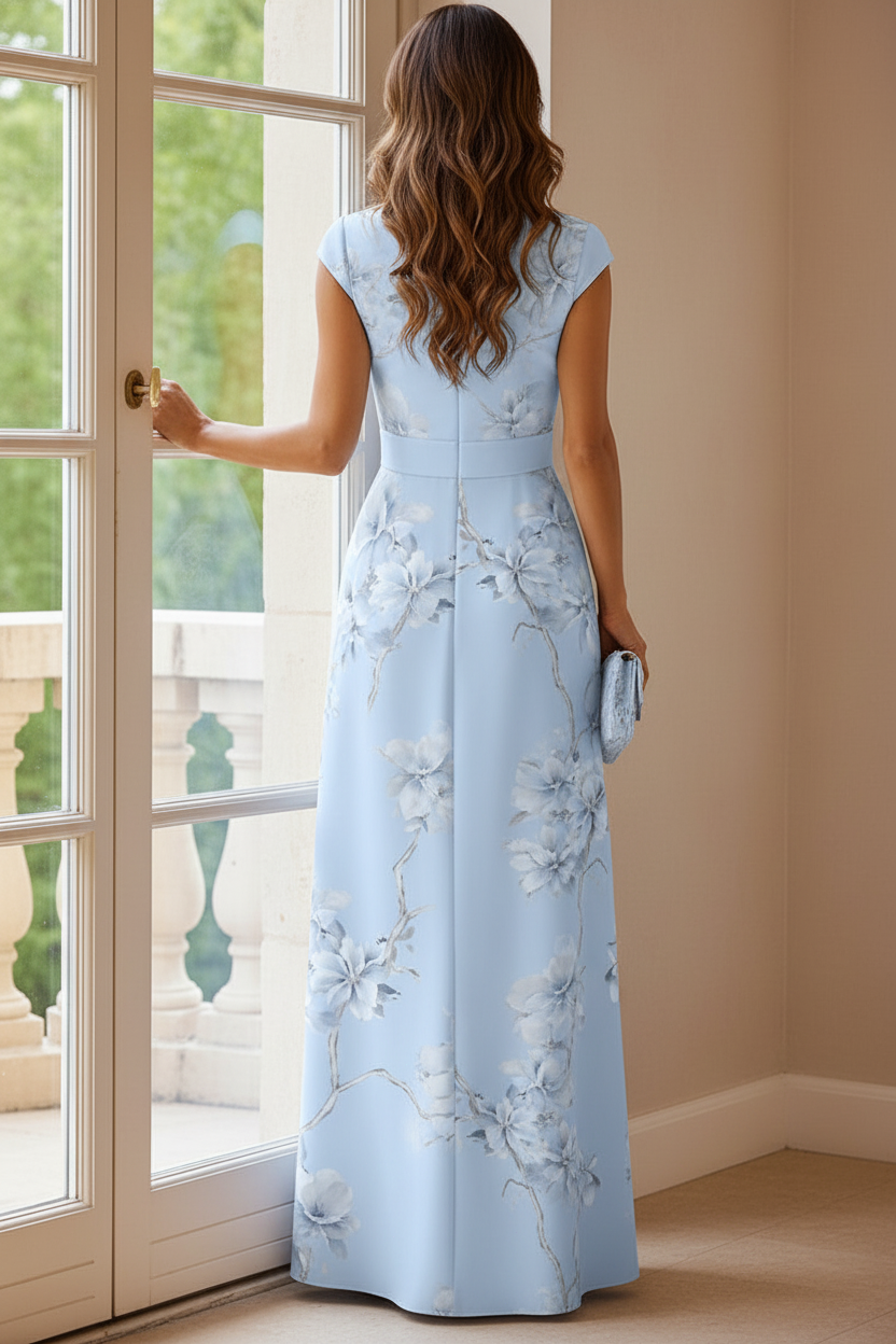 Cap Sleeve V-Neck Floral A-Line Maxi Dress
