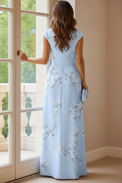 Cap Sleeve V-Neck Floral A-Line Maxi Dress