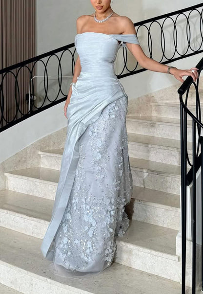 Off-the-Shoulder Draped Gown with 3D Flowers