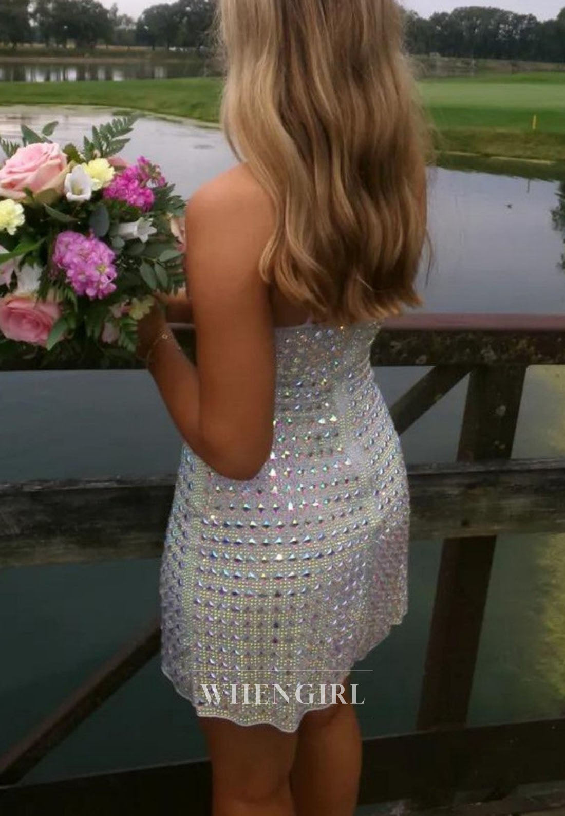 Rhinestone Embellished V-Neck Mini Dress