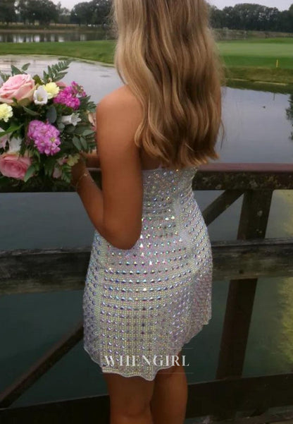 Rhinestone Embellished V-Neck Mini Dress