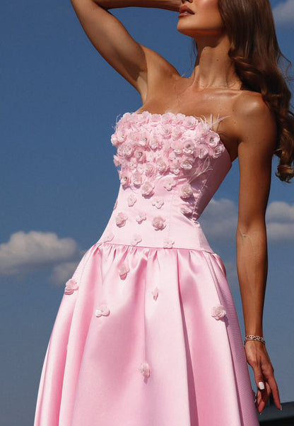 Strapless 3D Floral Midi Dress with Drop Waist