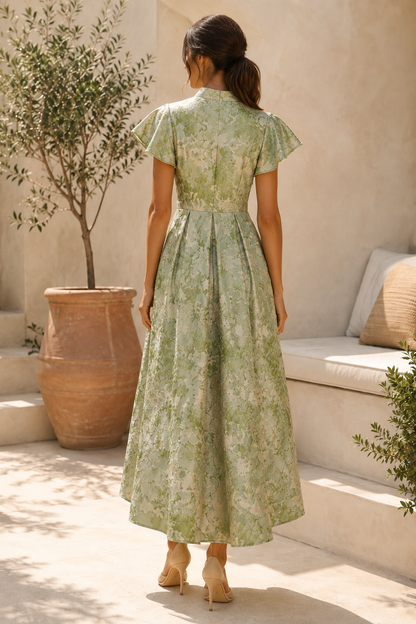 Flutter Sleeve Jacquard High-Low A-Line Dress